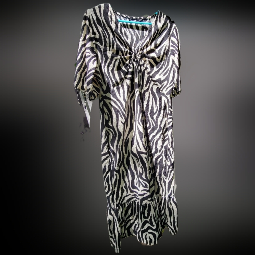 Zebra Print Crepe Midi Dress With Ring Front V Neck